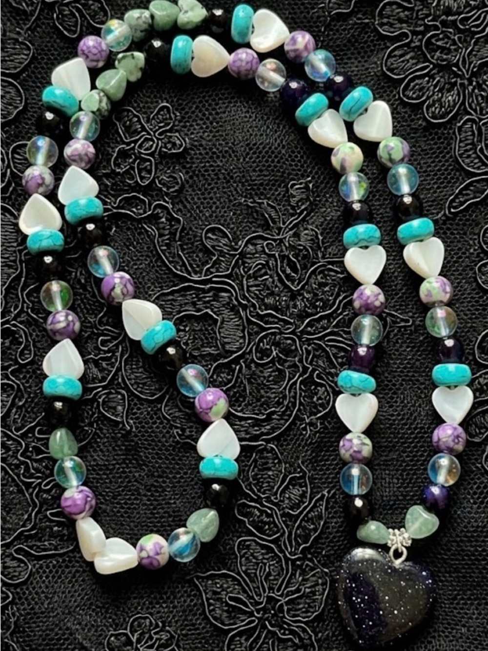 Celestial Siren Heart Necklace (African Turquoise,Aventurine, MOP, Blue Howlite)